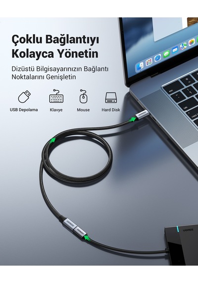 Ugreen Usb-c Erkek - Usb-c Dişi Gen-2 Örgülü Uzatma Kablosu 1 M, Uzay Grisi, 30205