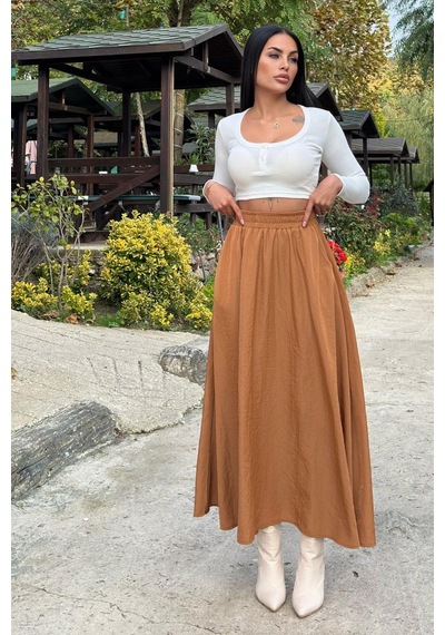 WeShaya Taba Lastikli Yüksek Bel, A Kesim, Dökümlü Ve Salaş, Uzun Kupra Etek Taba