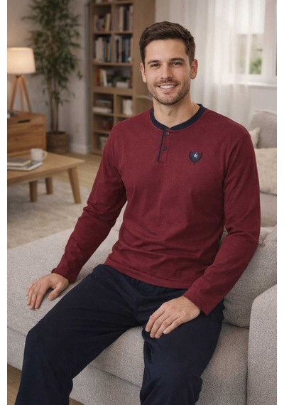 Tenra Erkek Pijama Takımı %100 Pamuk Uzun Kol Bordo