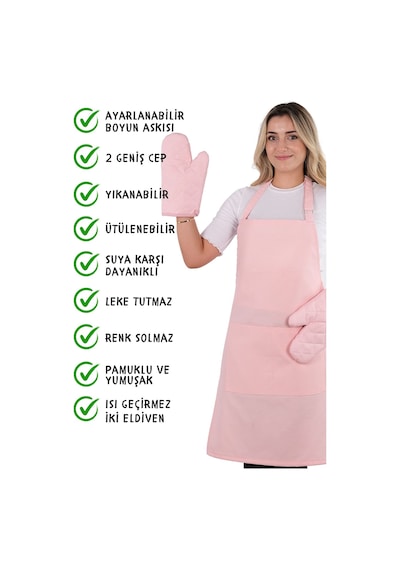 Simple 3lü Set Ayar Askılı Cepli Mutfak Önlüğü Seti 2 Eldiven Şef Garson Kafe Aşçı Barista Pembe