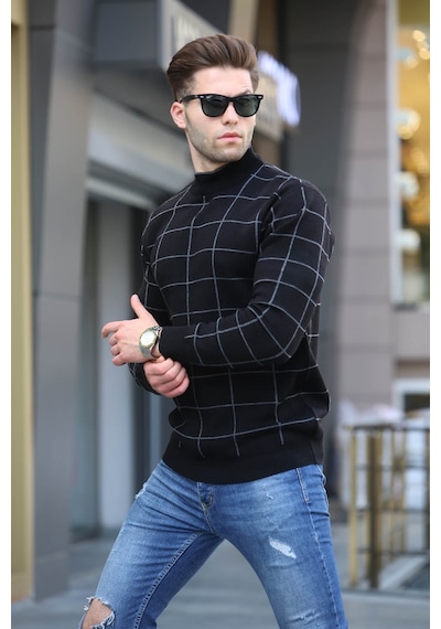 Madmext Siyah Ekose Desenli Triko Kazak 5796 Siyah