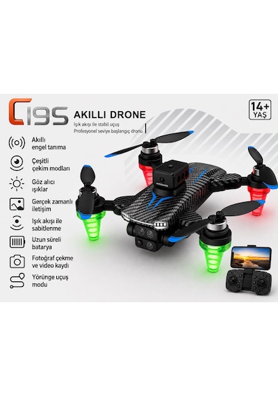 C19s Akıllı Drone Göz Alıcı Led Işıklı Yörünge Uçuş Wifi Cam Telefondan Kontrol Elektirikli Kamera 90 Derece Kamera Ayarı Sabit Uçuş