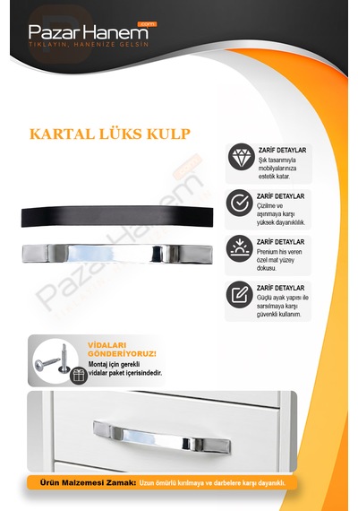 Kartal Model 224mm Krom 2 Adet - Mutfak Dolap & Çekmece Kulpu Vidaları Dahil Gümüş - Krom