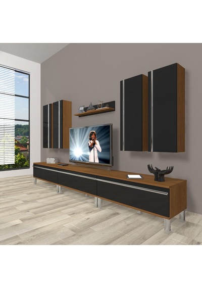 Decoraktiv Eko 8d Mdf Krom Ayaklı Tv Ünitesi Tv Sehpası Ceviz - Siyah