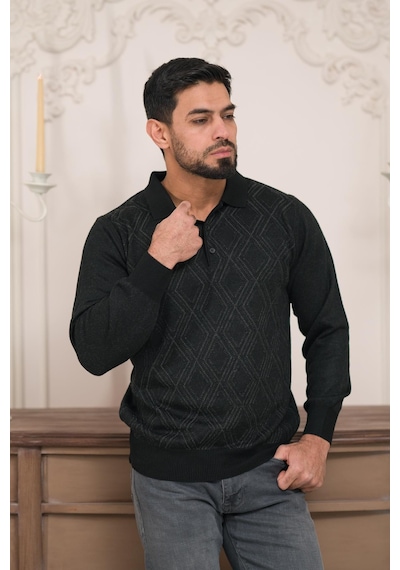 Woolen World Polo Yaka Desenli Yünlü Erkek Triko Kazak Siyah