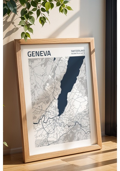 Cenevre İsviçre Switzerland Haritası Çerçeveli Tablo Lüks Salon Ofis Duvar Dekorasyonu Tablo Kayın