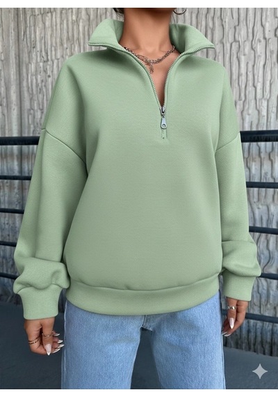 No8 Home 3 İplik Şardonlu Yarım Fermuarlı Sweatshirt Mint Mint