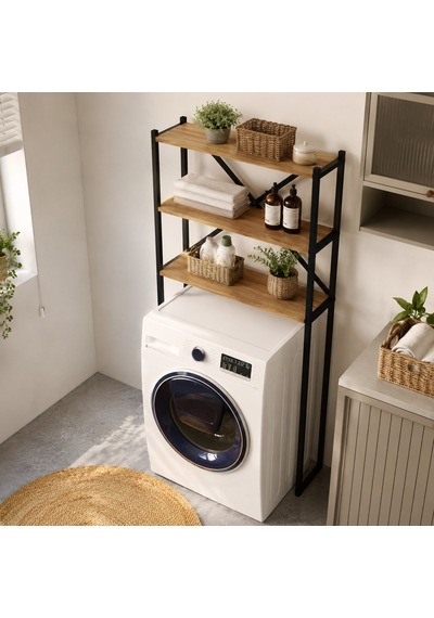 Braga Metal 3 Çamaşır Makinesi Üstü Düzenleyici Raf Beyaz Banyo Düzenleyici Dolap Siyah - Çam