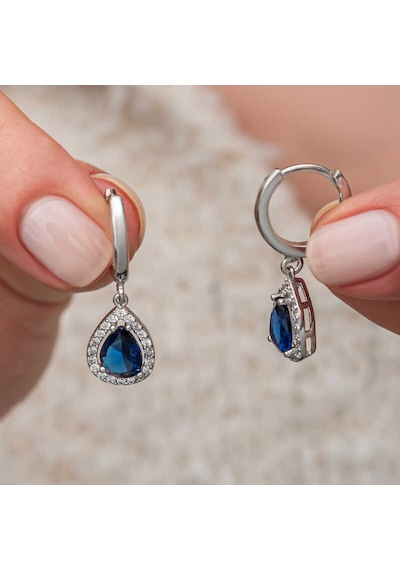 Gümüş Lacivert Zirkon Taşlı Damla Küpe 14 MM-Gümüş