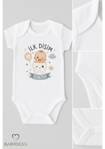 Babyden's İlk Dişim Çıktı Baskılı Kısa Kol Bebek Body %100 Pamuk Unisex Diş Buğdayı Konsept Çıtçıtlı Zıbın Beyaz