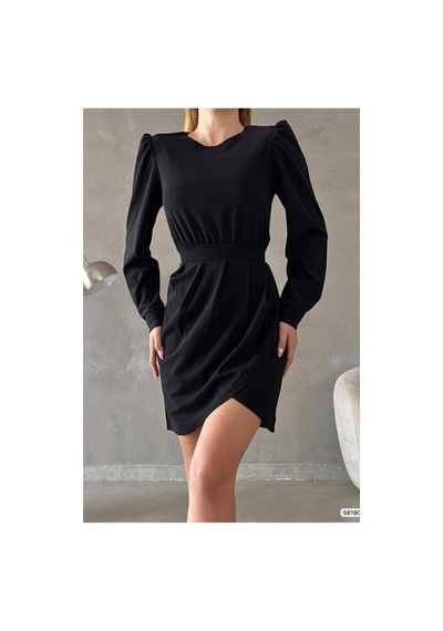 DefyModa Kadın Günlük Bisiklet Yaka Uzun Kollu Abiye Elbise Siyah