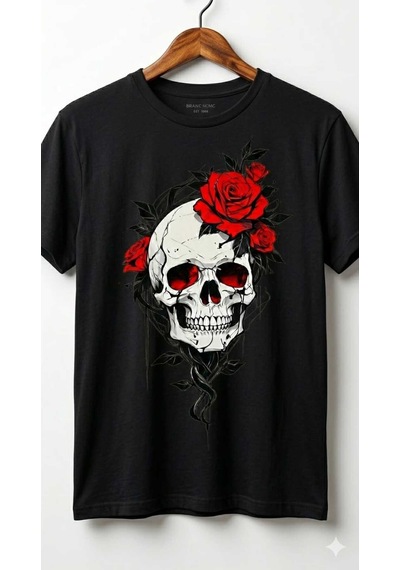 Erkek Kuru Kafa Kırmızı Gül Detayı Baskılı Pamuklu Regular T-shirt Siyah