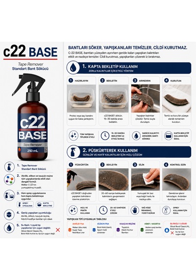 C22 Base - 250 Ml Standart Protez Saç Bant Sökücüsü Temizleyicisi