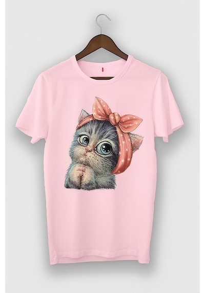 Sevimli Kedi Baskılı Oversize Beyaz T-shirt Pembe