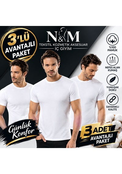 Erdem Erkek Beyaz Likralı Kısa Kollu Atlet-3'lü Paket- 1122