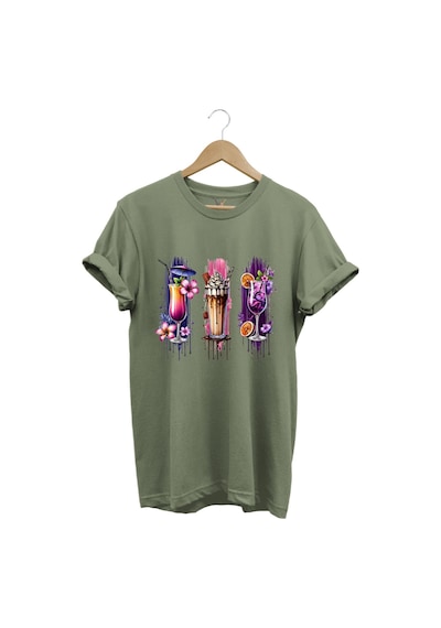 Milkshake Ve Kokteyl Temalı Renkli Yaz Baskılı %100 Pamuk Unisex Regular Fit T-shirt Haki