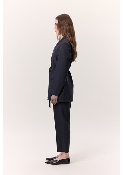 Manuka Tencel Kemerli Kruvaze Blazer Ceket İndigo Indigo