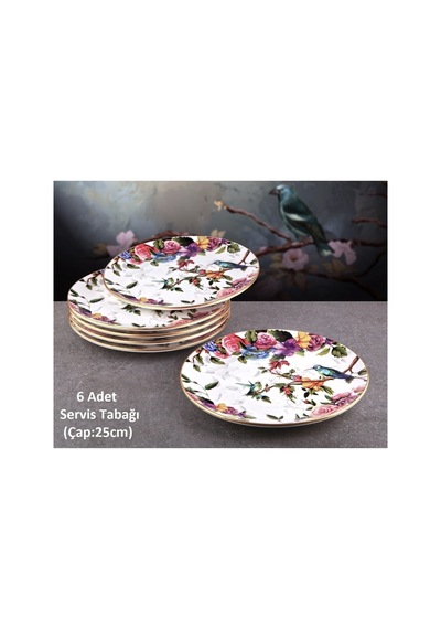 Flora 6 Kişilik 25cm Seramik Servis Sunum Tabağı Seti Beyaz