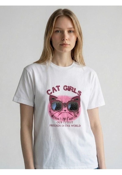 Zekids Kız Çocuk Cat Girls Baskılı T-shirt-17186 Ekru