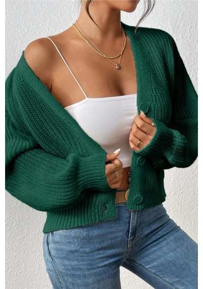 Kadın V Yaka Uzun Kollu Düğmeli Triko Hırka Yeşil