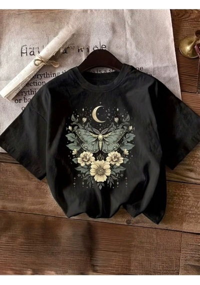 Kadın Bohem Kelebek Desenli Grafik Baskılı T-shirt Siyah