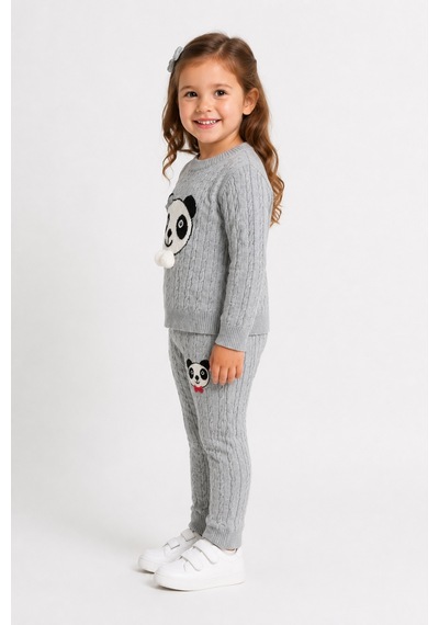 Babyhola 1-5 Yaş Kız Çocuk Panda Desenli Saç Örgü Kışlık Triko Takım 23217 Gri