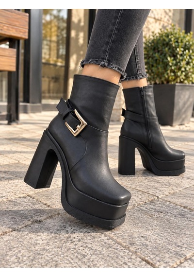 Asmi Shoes Kadın Dona Siyah Tokalı 12 Cm Platform Topuklu Bot 2030