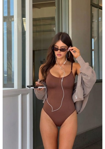 Kadın Slip Kalıp Kahverengi Body Örme Orta Destek