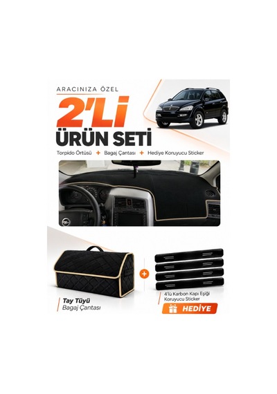 E-biz Ssangyong Kyron 2005-2012 Uyumlu Torpido Örtüsü + Tay Tüyü Bagaj Çantası - Siyah-bej - Ss001
