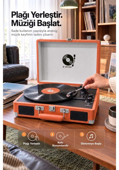 Kensa Bluetooth Lu Nostaljik Çantalı Pikap 33/45/78 Devir Dahili Bataryalı Plak Çalar ...