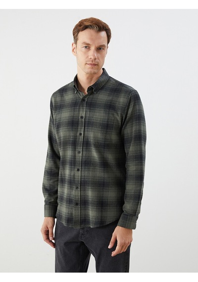 Lcwaıkıkı Classic Haki Regular Fit Uzun Kollu Ekose Poplin Erkek Gömlek