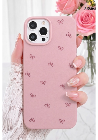 Fibaks iPhone 14 Pro Max Uyumlu Kılıf Çizgi Fiyonk Desenli Yumuşak Silikon Pembe