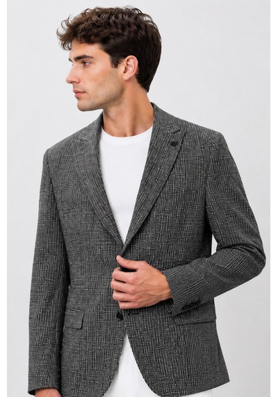 Bihan Store Erkek Ekose Model Çift Yırtmaç Tek Ceket 6 Drop 72105-gri 4