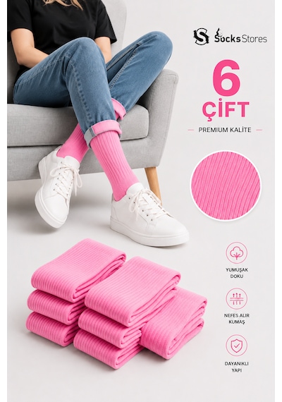 Socks Stores 6 Çift Unisex Renkli Pamuklu Soket Çorap - Renkli Tenis Boy Çorap Pembe