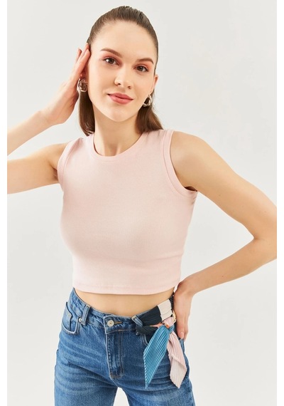 Butikgiz Kadın Sıfır Kol Bisiklet Yaka Vücuda Oturan %100 Pamuklu Kaşkorse Esnek Crop Bluz Pudra