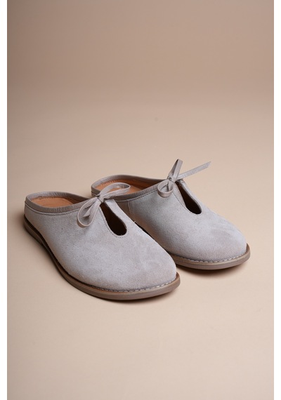 Analin Shoes Kadın Hakiki Deri Fiyonk Detaylı Düz Terlik Vizon