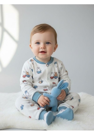 Zekids Erkek Bebek Pamuklu Tavşan Desenli Çıtçıtlı Pijama Takımı-16849 Çok Renkli