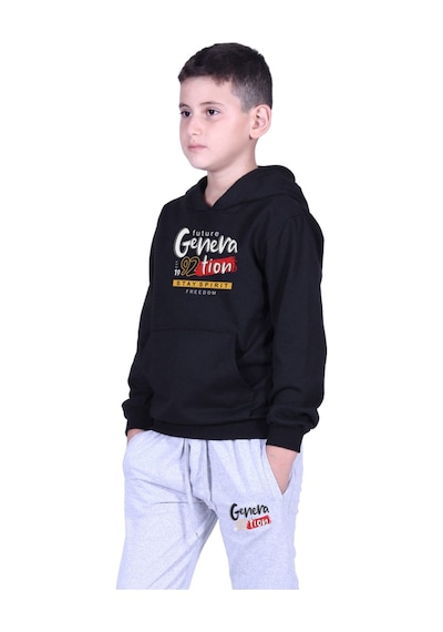 Fyk Kids Kapüşonlu Kanguru Cepli Generation Yazı Baskılı Erkek Çocuk Eşofman Takımı Siyah - Gri