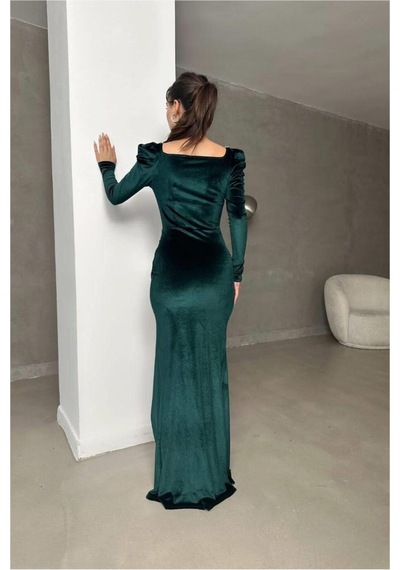 Lior Design Kadın Trend Tasarım Kare Yaka Taş Detaylı Uzun Kollu Abiye Elbise Zümrüt