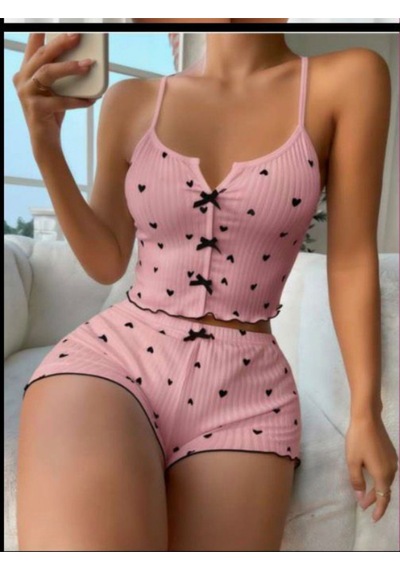 Kadın Kalp Desenli Şık Şortlu 2'li Takım Pembe