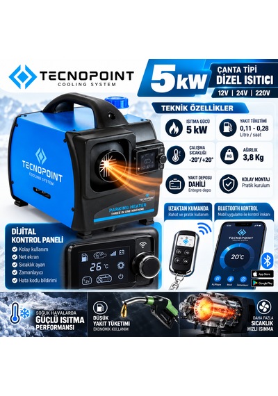 Tecnopoint 5 Kw Çanta Tipi Dizel Isıtıcı Webasto Tipi Portatif Bluetooth 12v 24v 220v