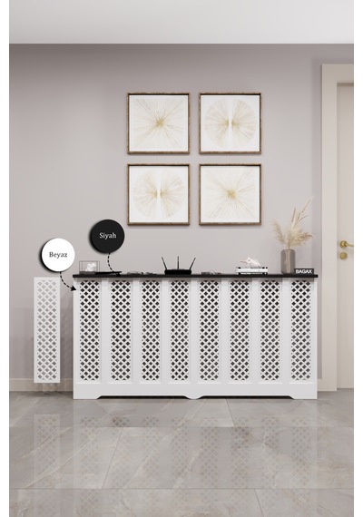 Petek Kaplama Modern Radyatör Kapatma Ünitesi Ön Panel Mdf Tasarım İç Ölçü 156 Cm Dış Ölçü 160 Cm Petek 156 Beyaz Üstü Siyah D7