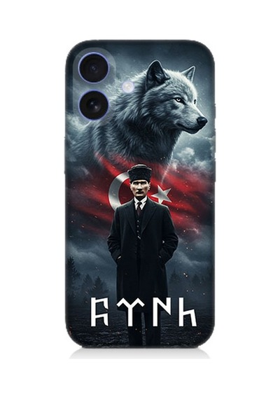 Apple iPhone 16 Uyumlu Gölgede Kurt Ve Atatürk Desenli Silikon Kılıf Çok Renkli