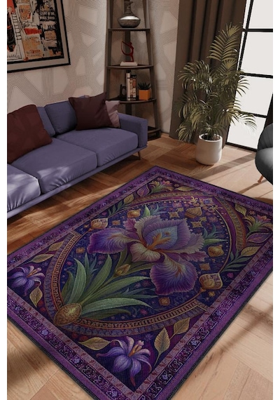 Homshtag Art Deco Süsen Çiçeği Halısı Bitki Temalı Soft Mor Renk Etnik Dijital Baskılı Çiçekli Halı Çok Renkli