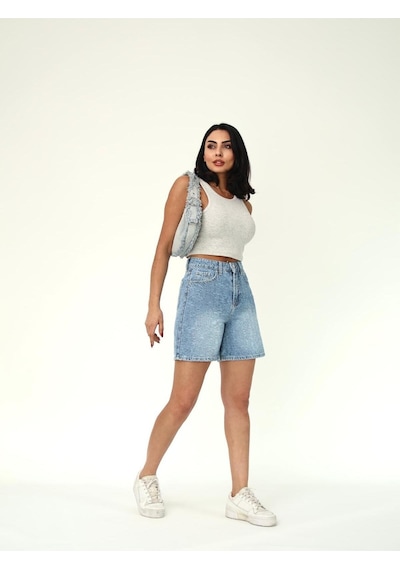Eskitme Denim Kumaş Boru Paça Şort Mavi+eskitme