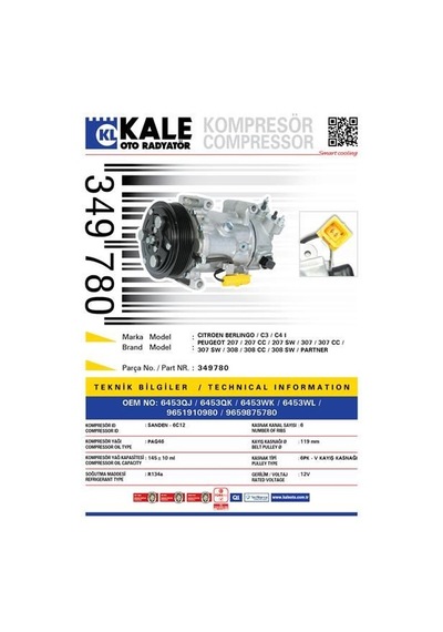 KALE 349780 KLİMA KOMPRESÖRÜ P207-C3 1.4-1.6-P307-C4 1.4-1.6-2.0-