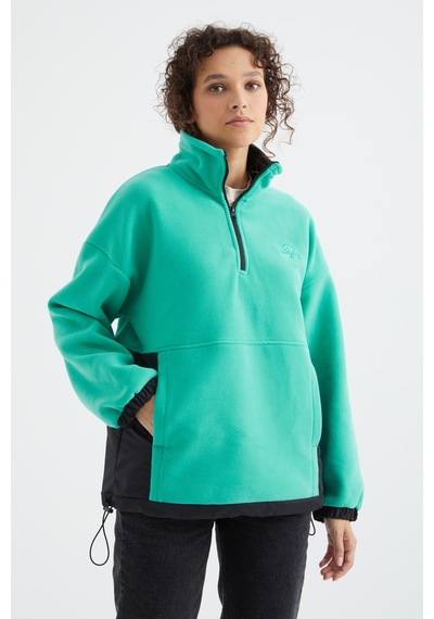 Tommy Life Deniz Yeşili Yarım Fermuar Etek Ucu Büzgülü Dik Yaka Oversize Kadın Polar Sweatshirt - 97236 Yeşil