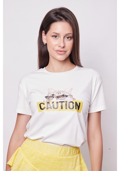 Jument Baskılı Sıfır Yaka Kırışmaz Span Karışımlı Şık Kısa Kol T-shirt Bluz-gözlük Baskılı Desen Güneş Gözlüklü Kedi