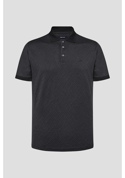 Jakar Desenli Polo Yaka Erkek T-shirt Siyah Siyah