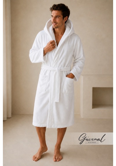 Blanc Kapüşonlu Pamuklu Unisex Bornoz Otel Bornozu Erkek Havlu Bornoz Kadın Havlu Bornoz Sauna Bornoz Sabahlık Kapüşonlu Beyaz
